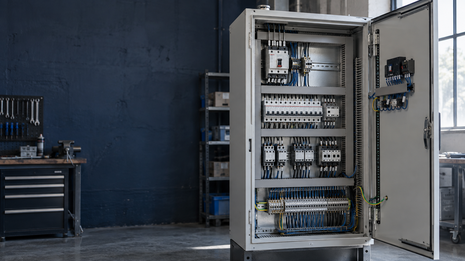 Interno di un quadro elettrico industriale con componenti e cablaggi